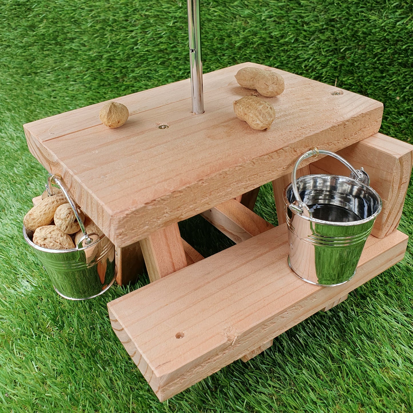 PeanuTable - Handmade Wooden Squirrel Feeder Picnic Bench with Mini Umbrella & Mini Buckets