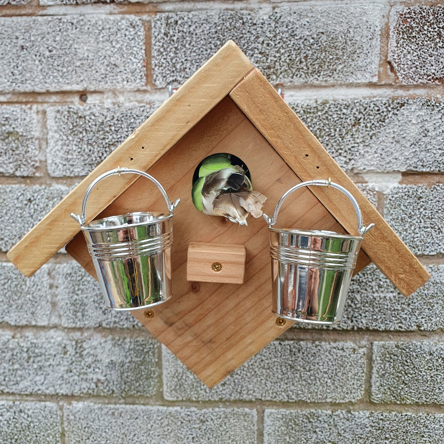 BirdyBnb - Handmade Wooden Birdhouse & Bird Feeder with Mini Buckets