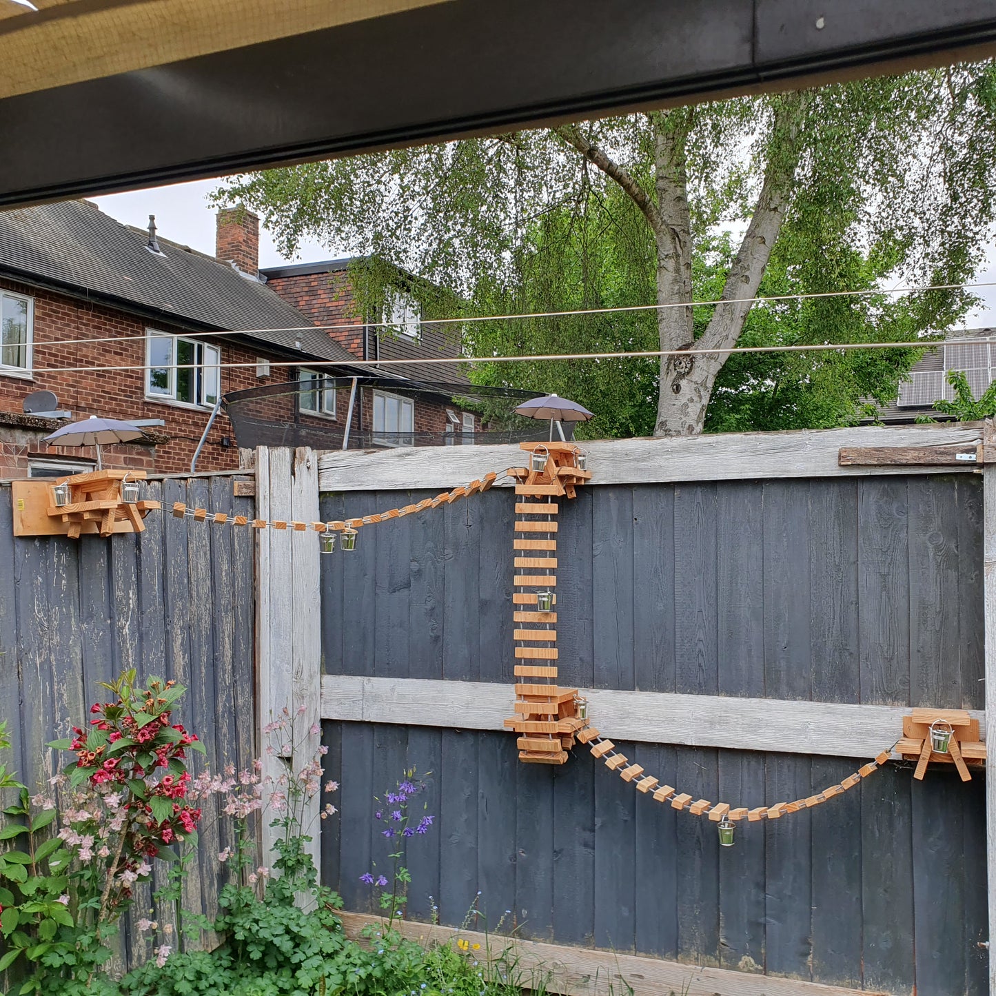 NuttyRoad - Handmade Wooden Squirrel Bridge Feeder with Mini Buckets