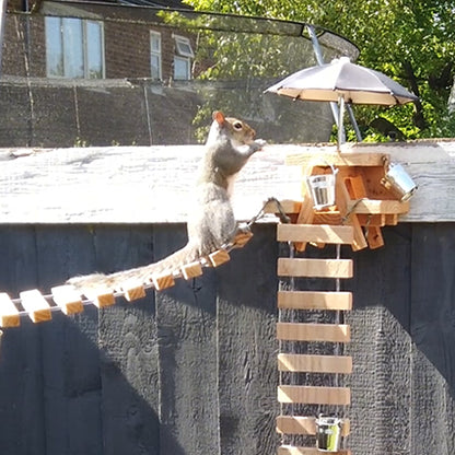 NuttyRoad - Handmade Wooden Squirrel Bridge Feeder with Mini Buckets