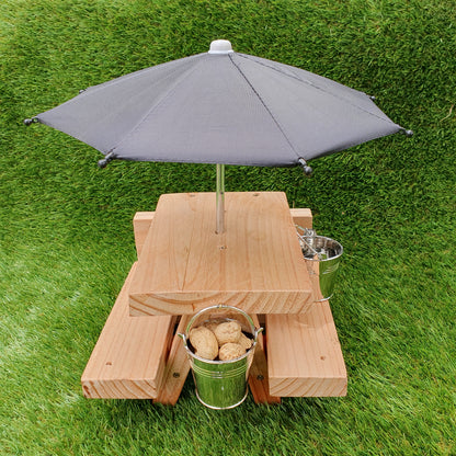 PeanuTable - Handmade Wooden Squirrel Feeder Picnic Bench with Mini Umbrella & Mini Buckets