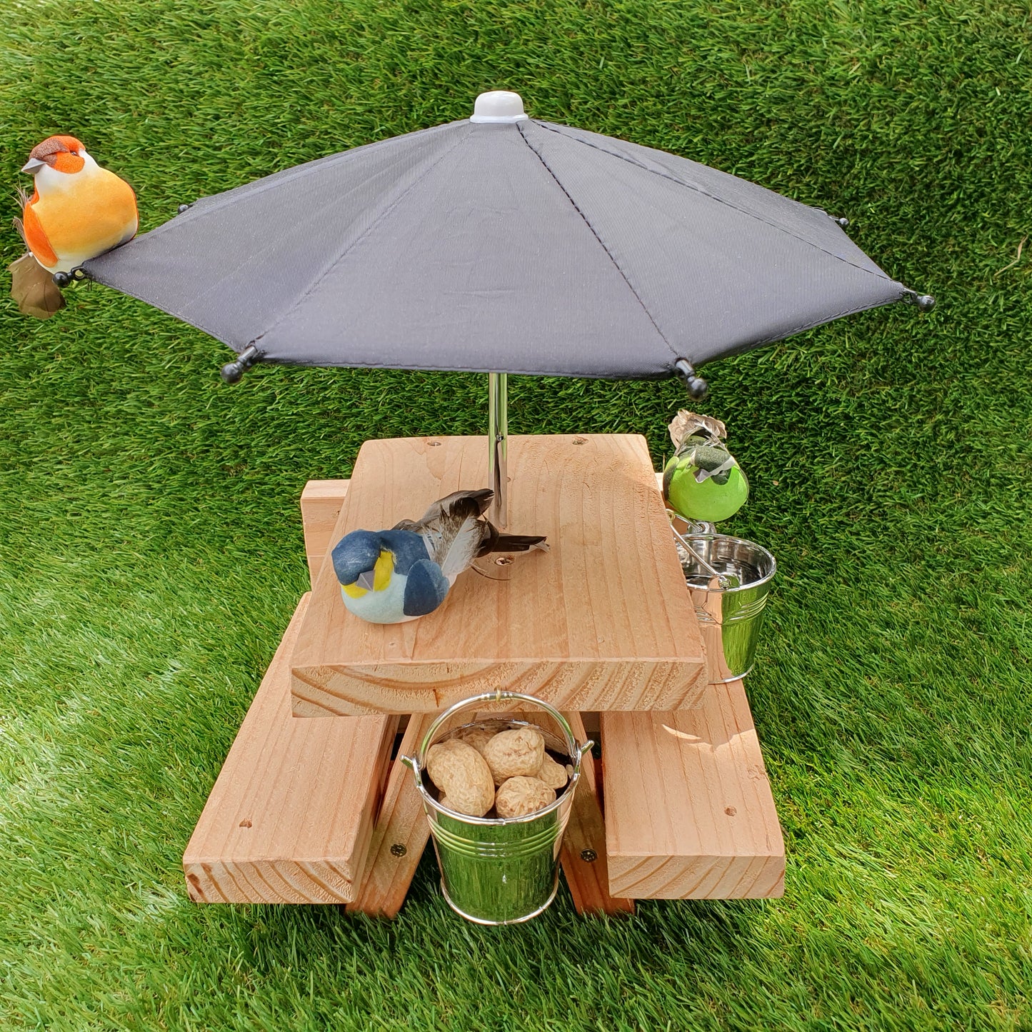 PeanuTable - Handmade Wooden Squirrel Feeder Picnic Bench with Mini Umbrella & Mini Buckets