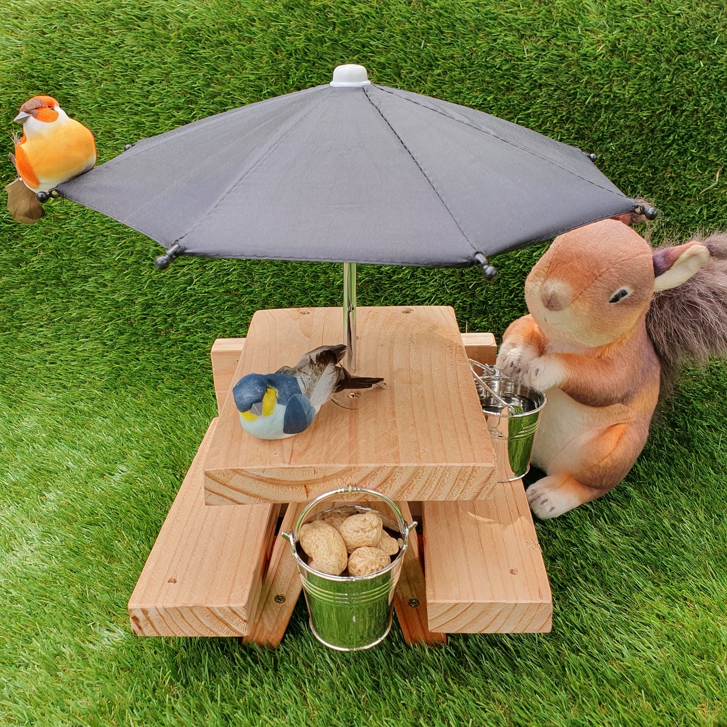 PeanuTable - Handmade Wooden Squirrel Feeder Picnic Bench with Mini Umbrella & Mini Buckets