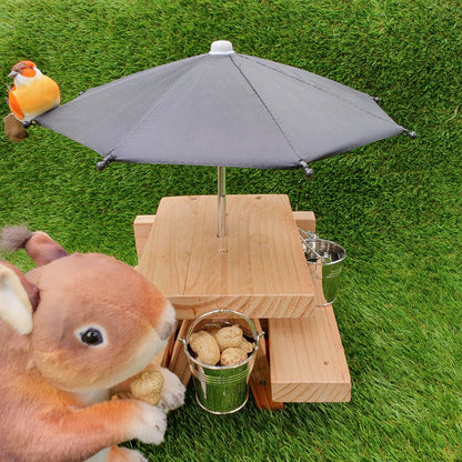 PeanuTable - Handmade Wooden Squirrel Feeder Picnic Bench with Mini Umbrella & Mini Buckets