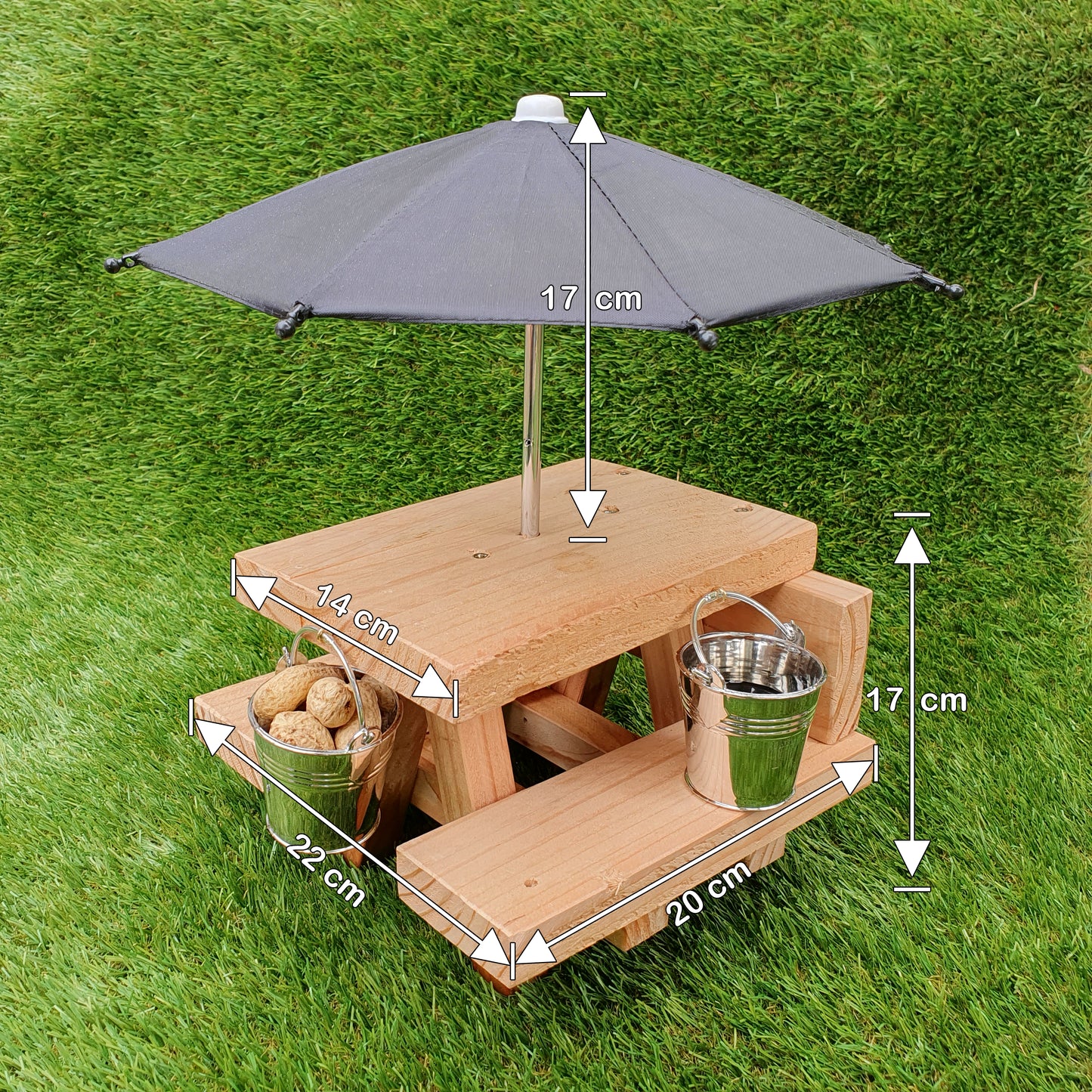 PeanuTable - Handmade Wooden Squirrel Feeder Picnic Bench with Mini Umbrella & Mini Buckets