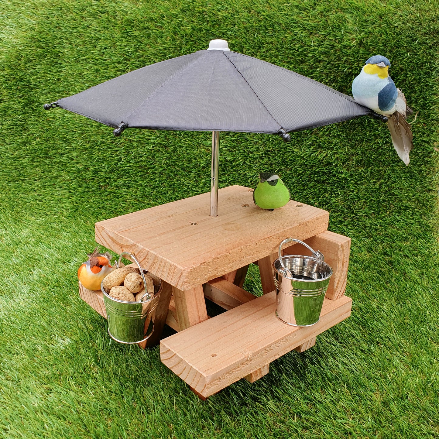 PeanuTable - Handmade Wooden Squirrel Feeder Picnic Bench with Mini Umbrella & Mini Buckets