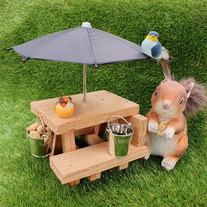 PeanuTable - Handmade Wooden Squirrel Feeder Picnic Bench with Mini Umbrella & Mini Buckets