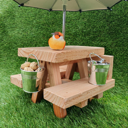 PeanuTable - Handmade Wooden Squirrel Feeder Picnic Bench with Mini Umbrella & Mini Buckets