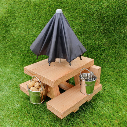 PeanuTable - Handmade Wooden Squirrel Feeder Picnic Bench with Mini Umbrella & Mini Buckets