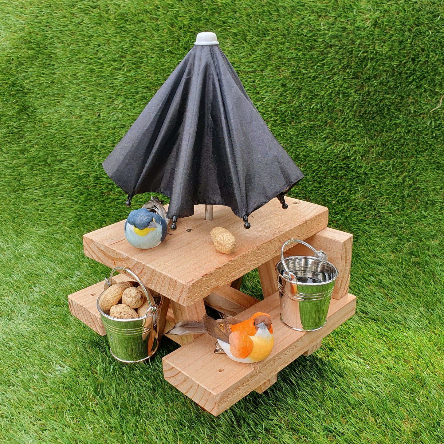 PeanuTable - Handmade Wooden Squirrel Feeder Picnic Bench with Mini Umbrella & Mini Buckets