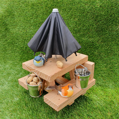 PeanuTable - Handmade Wooden Squirrel Feeder Picnic Bench with Mini Umbrella & Mini Buckets