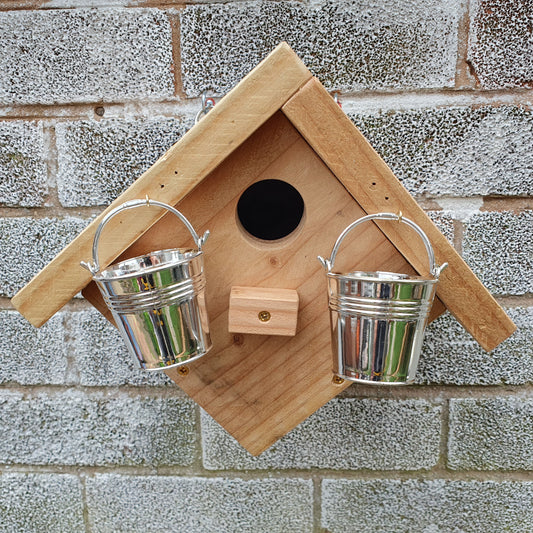BirdyBnb - Handmade Wooden Birdhouse & Bird Feeder with Mini Buckets
