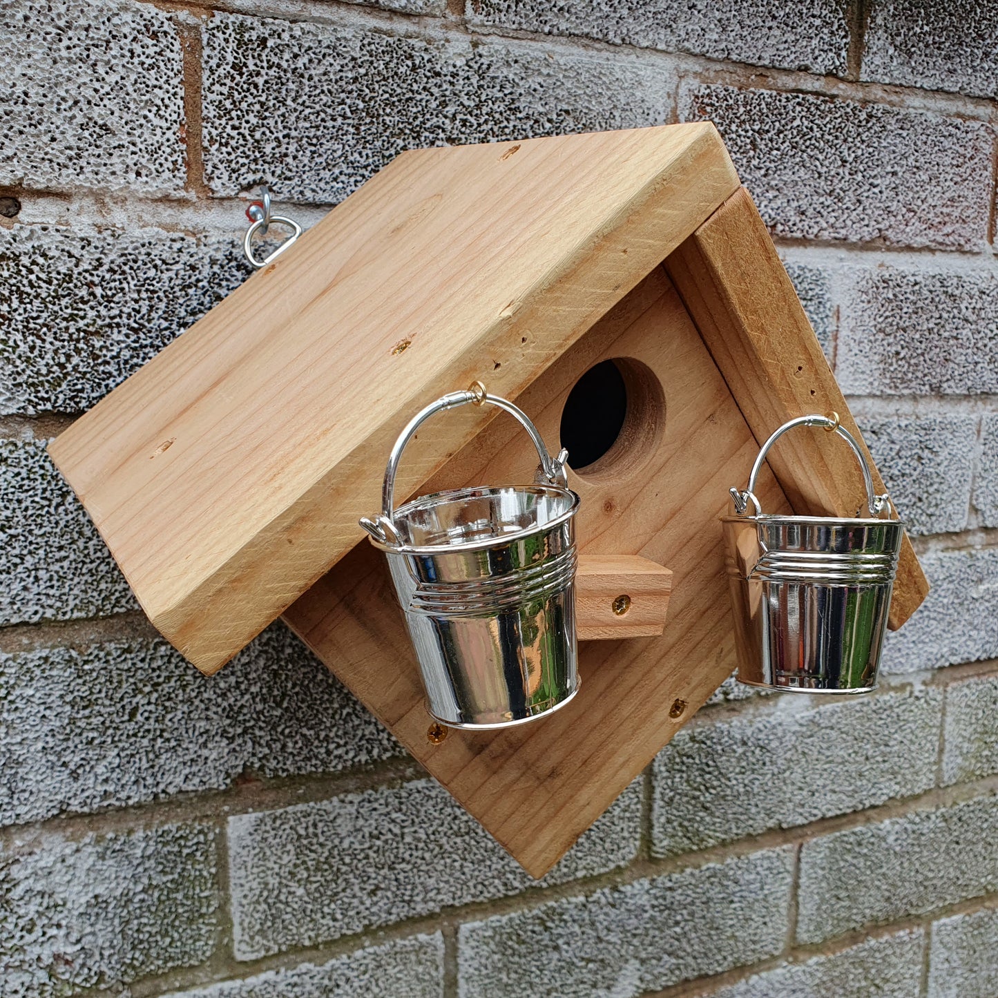 BirdyBnb - Handmade Wooden Birdhouse & Bird Feeder with Mini Buckets