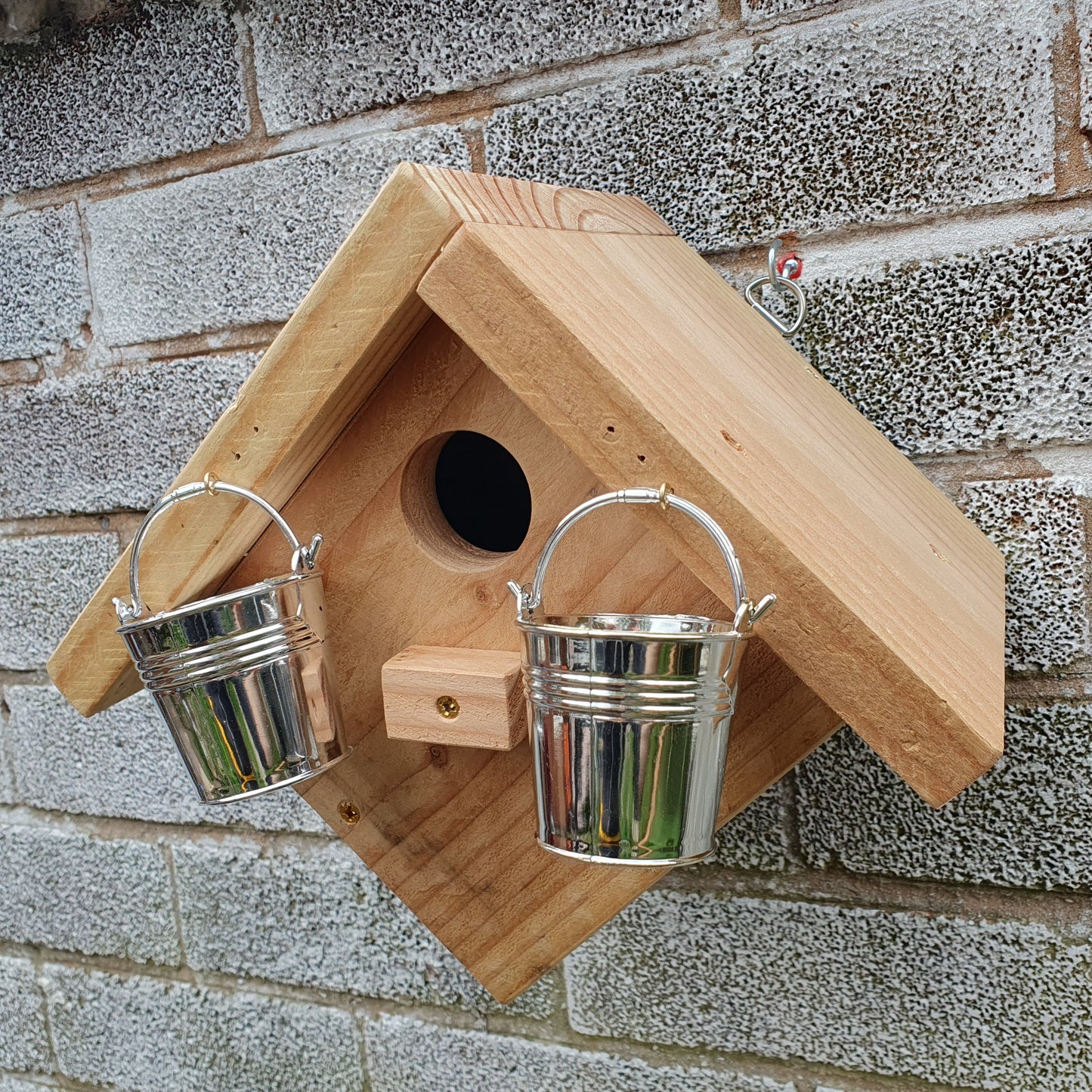 BirdyBnb - Handmade Wooden Birdhouse & Bird Feeder with Mini Buckets