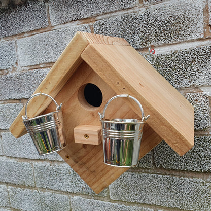 BirdyBnb - Handmade Wooden Birdhouse & Bird Feeder with Mini Buckets