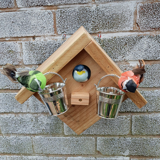 BirdyBnb - Handmade Wooden Birdhouse & Bird Feeder with Mini Buckets