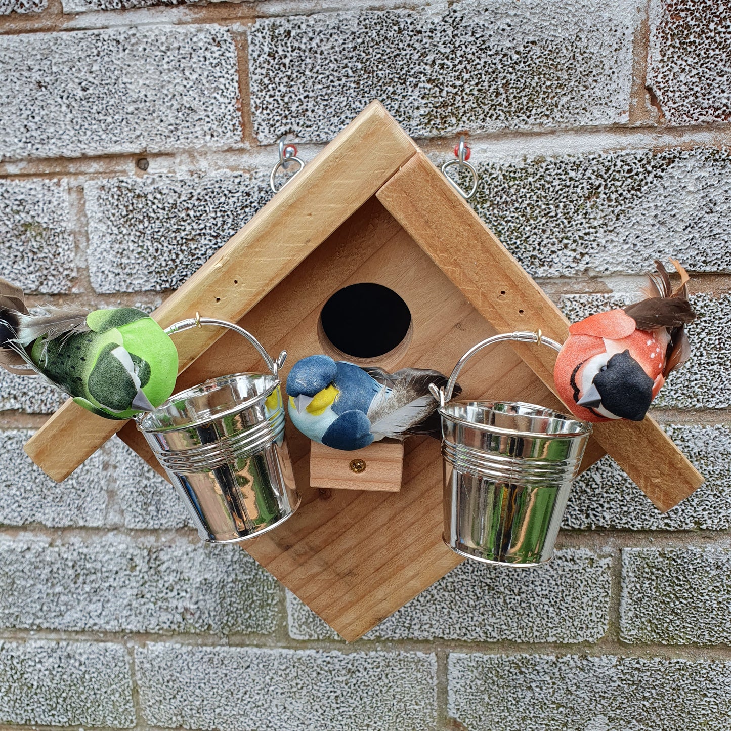 BirdyBnb - Handmade Wooden Birdhouse & Bird Feeder with Mini Buckets