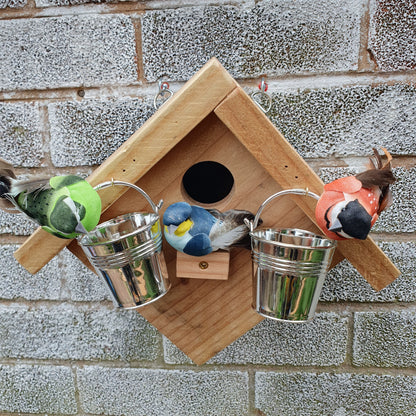 BirdyBnb - Handmade Wooden Birdhouse & Bird Feeder with Mini Buckets
