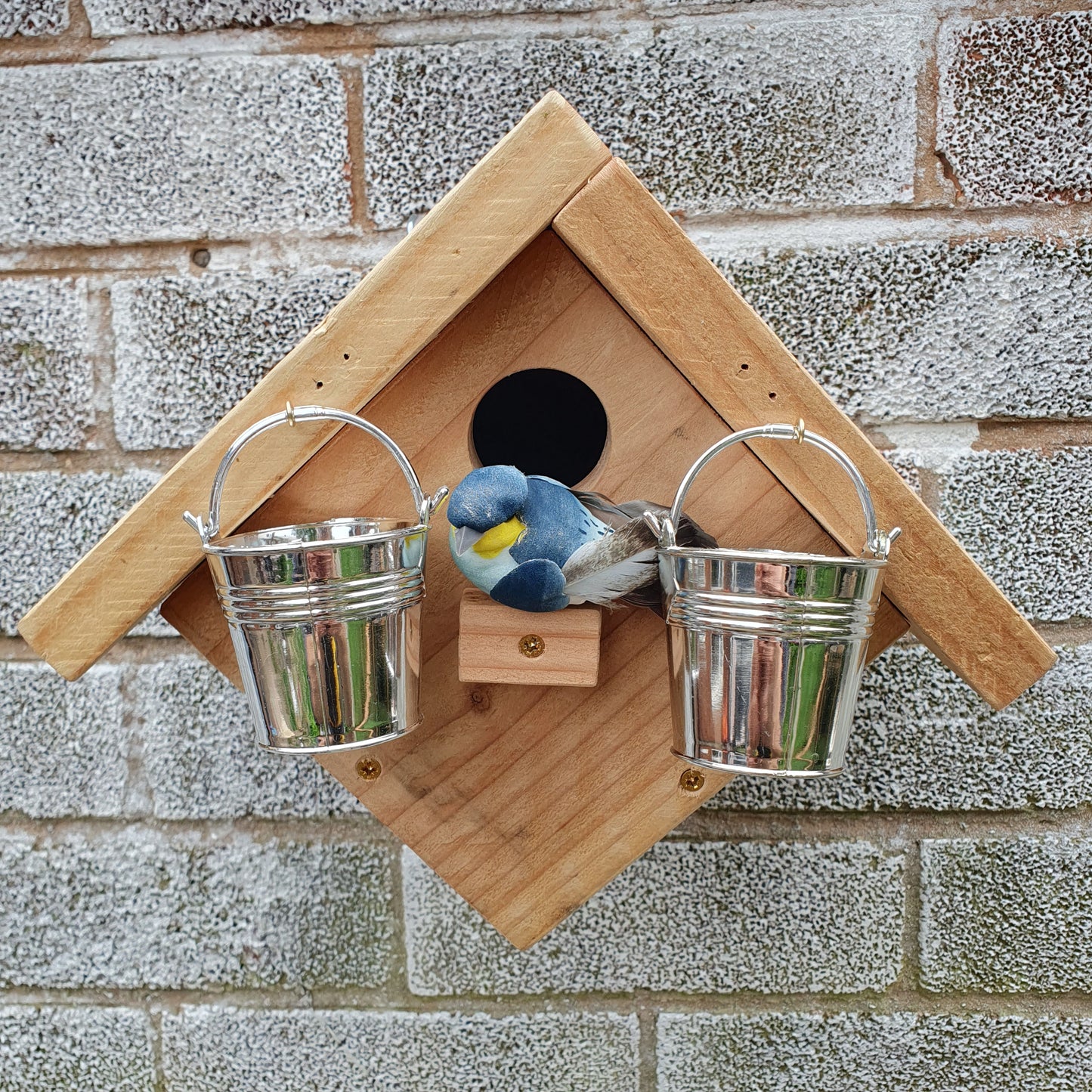 BirdyBnb - Handmade Wooden Birdhouse & Bird Feeder with Mini Buckets