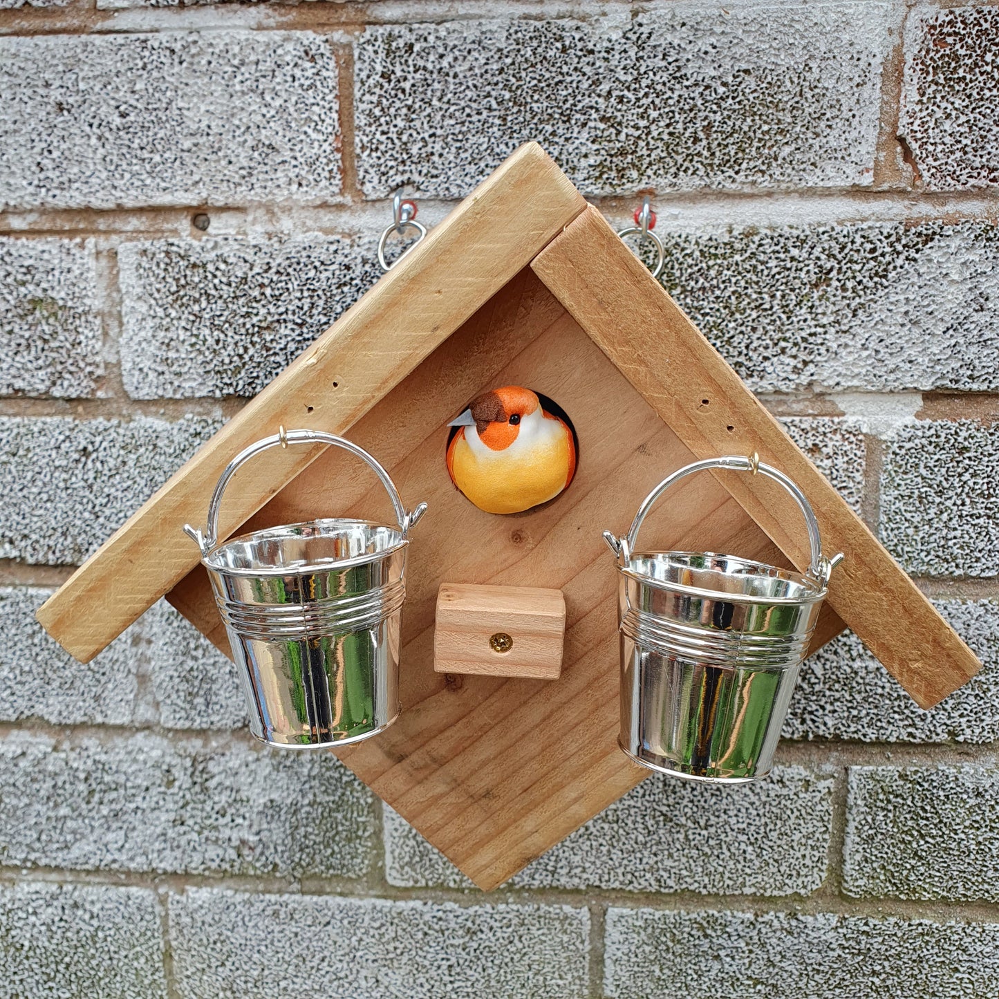 BirdyBnb - Handmade Wooden Birdhouse & Bird Feeder with Mini Buckets