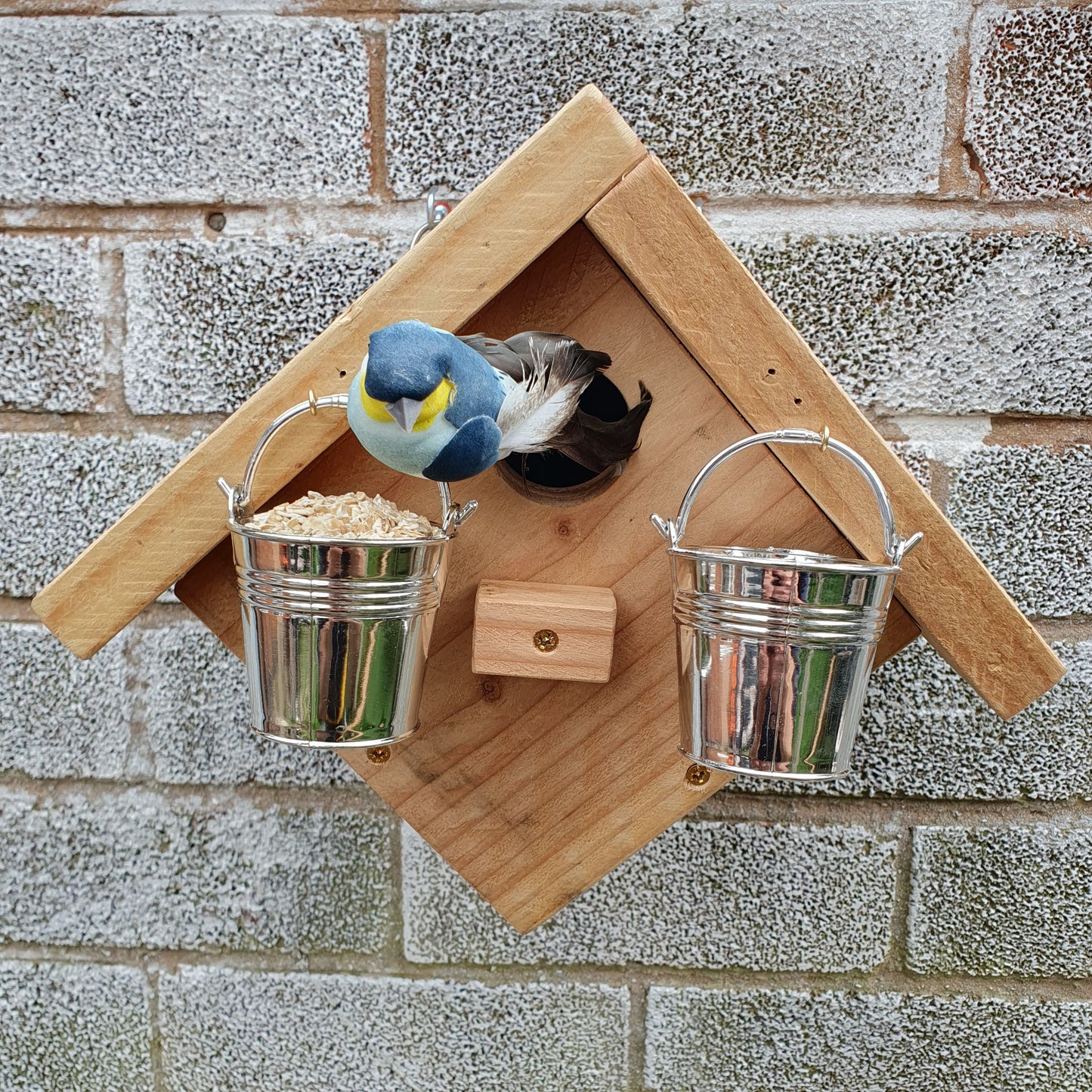 BirdyBnb - Handmade Wooden Birdhouse & Bird Feeder with Mini Buckets