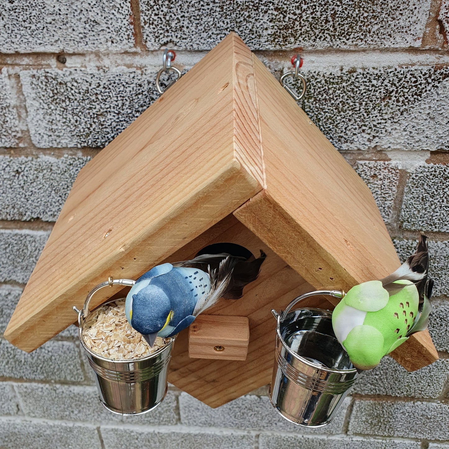 BirdyBnb - Handmade Wooden Birdhouse & Bird Feeder with Mini Buckets