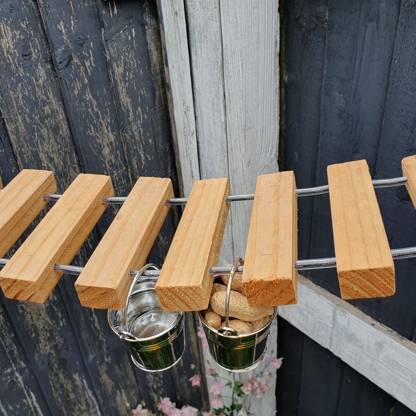 NuttyRoad - Handmade Wooden Squirrel Bridge Feeder with Mini Buckets