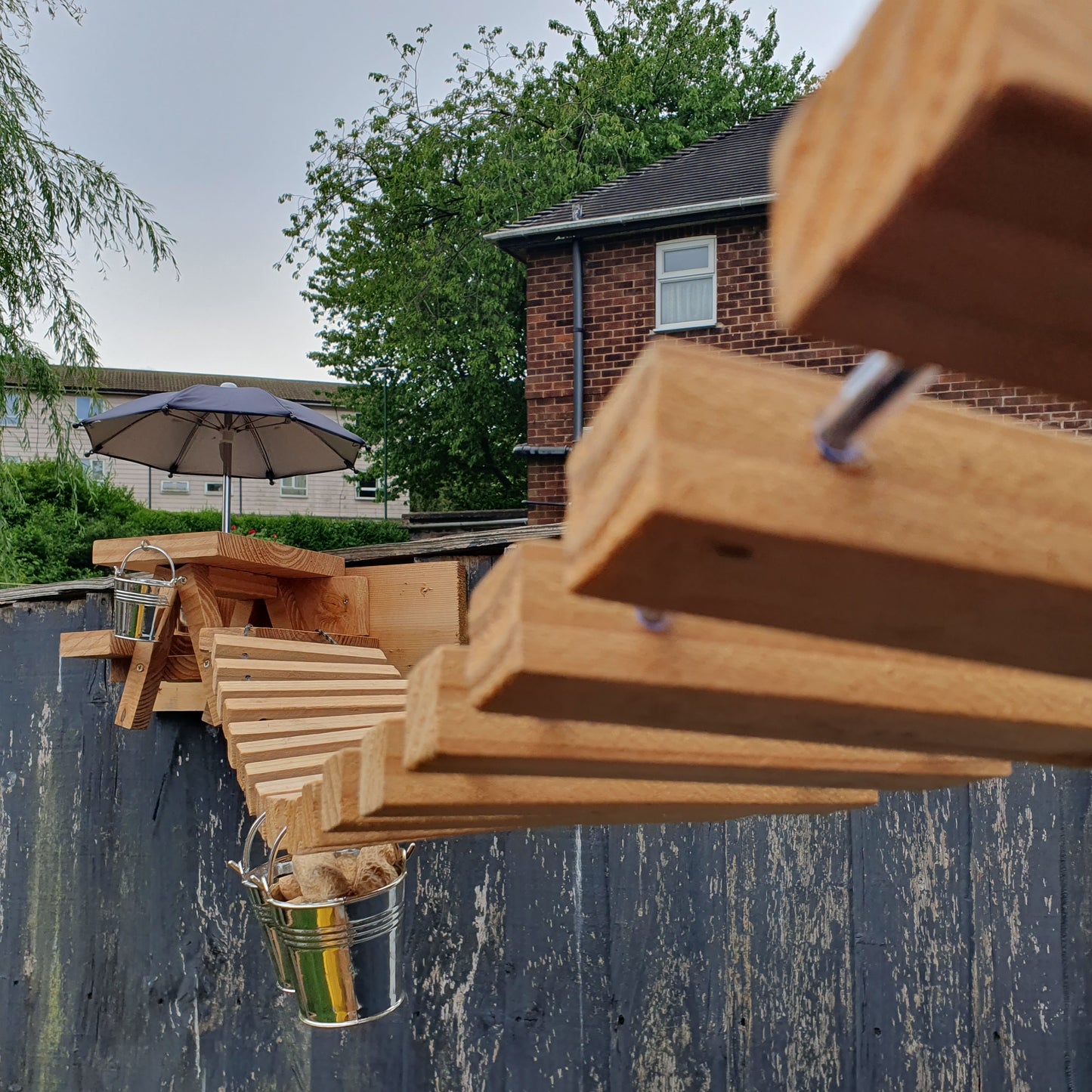 NuttyRoad - Handmade Wooden Squirrel Bridge Feeder with Mini Buckets