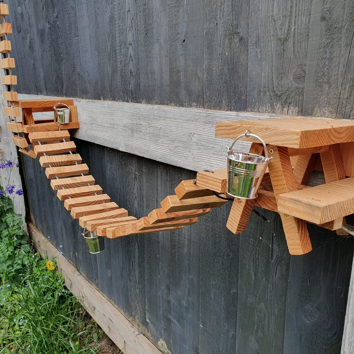 NuttyRoad - Handmade Wooden Squirrel Bridge Feeder with Mini Buckets