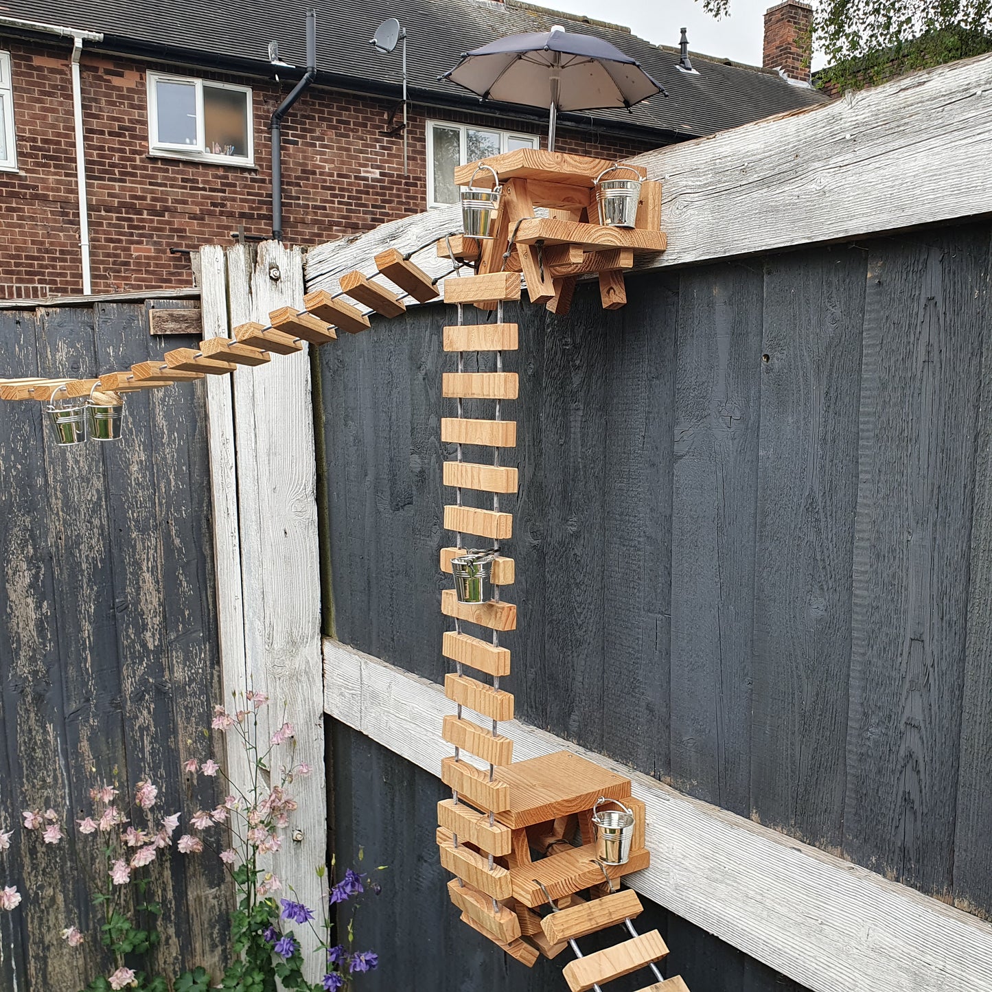 NuttyRoad - Handmade Wooden Squirrel Bridge Feeder with Mini Buckets