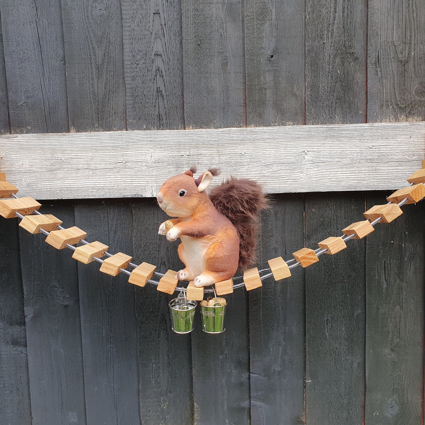 NuttyRoad - Handmade Wooden Squirrel Bridge Feeder with Mini Buckets