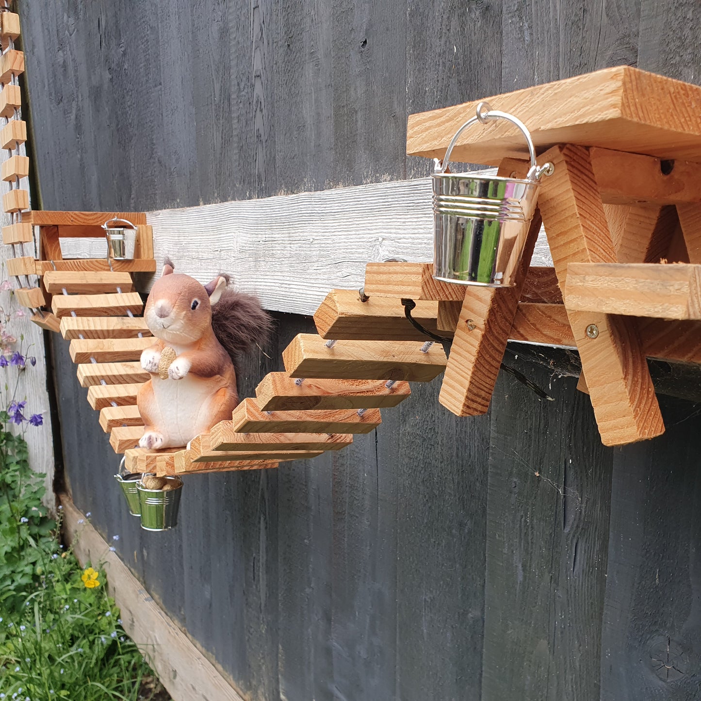 NuttyRoad - Handmade Wooden Squirrel Bridge Feeder with Mini Buckets