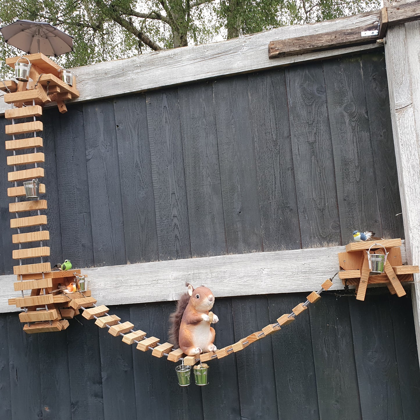 NuttyRoad - Handmade Wooden Squirrel Bridge Feeder with Mini Buckets