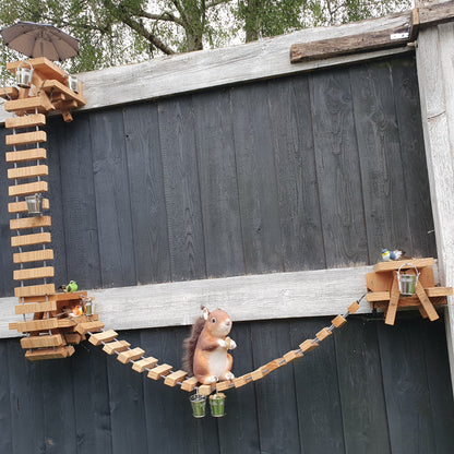 NuttyRoad - Handmade Wooden Squirrel Bridge Feeder with Mini Buckets