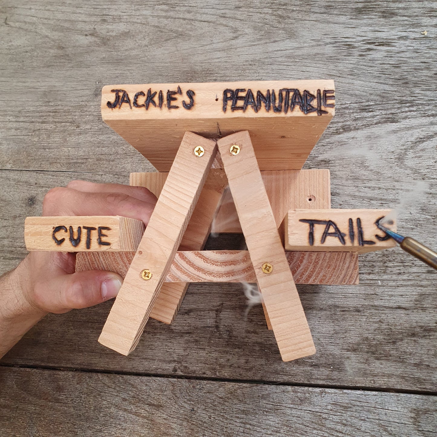 PeanuTable - Handmade Wooden Squirrel Feeder Picnic Bench with Mini Umbrella & Mini Buckets