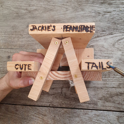 PeanuTable - Handmade Wooden Squirrel Feeder Picnic Bench with Mini Umbrella & Mini Buckets