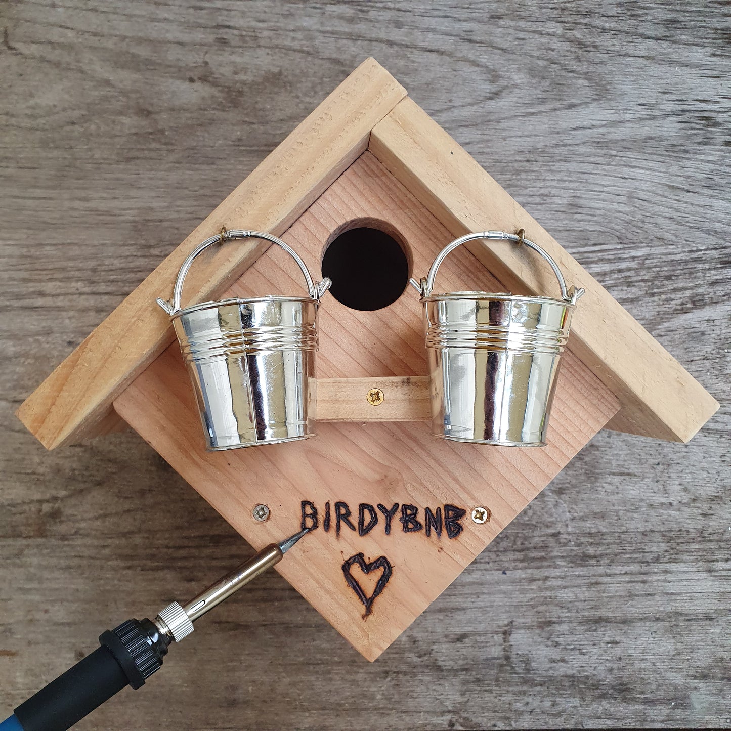 BirdyBnb - Handmade Wooden Birdhouse & Bird Feeder with Mini Buckets