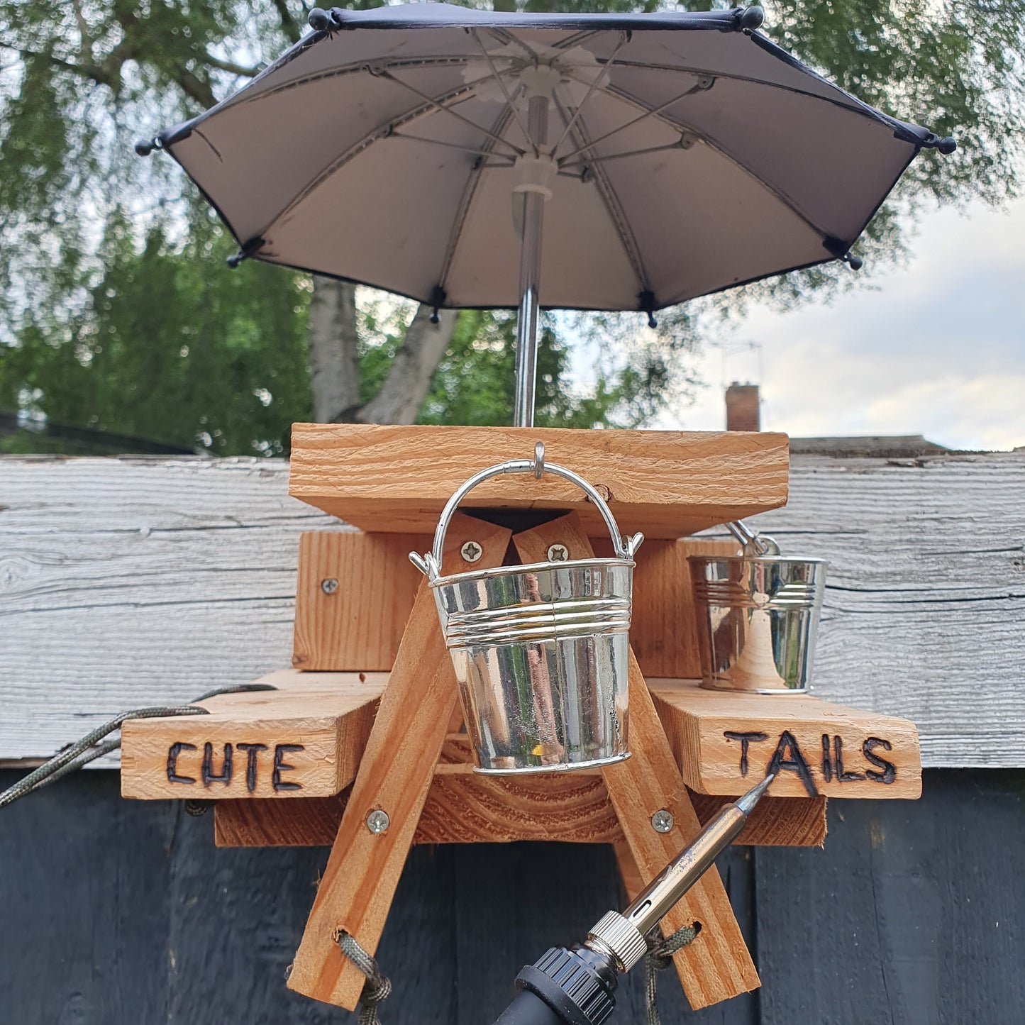 PeanuTable - Handmade Wooden Squirrel Feeder Picnic Bench with Mini Umbrella & Mini Buckets