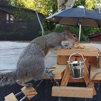 PeanuTable - Handmade Wooden Squirrel Feeder Picnic Bench with Mini Umbrella & Mini Buckets
