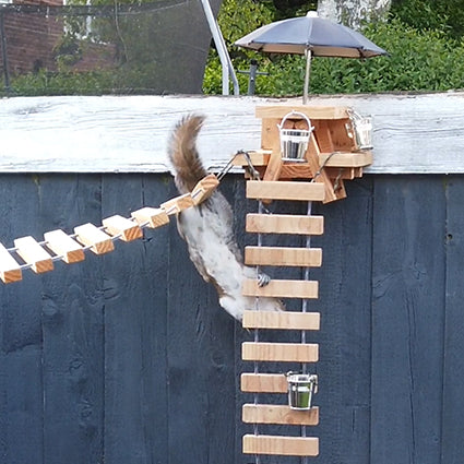 NuttyRoad - Handmade Wooden Squirrel Bridge Feeder with Mini Buckets